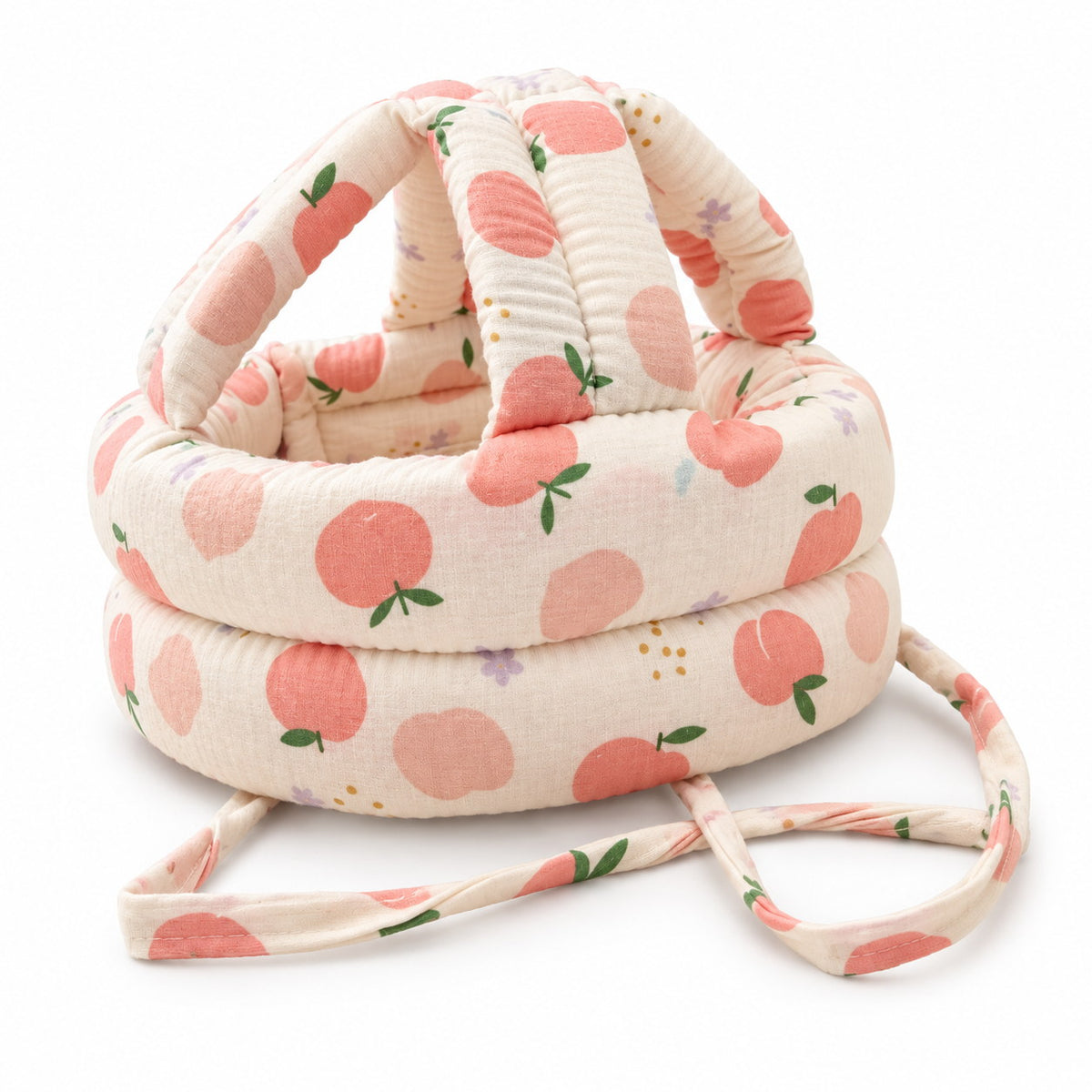 Casque de protection anti-chute pour bébé en coton imprimé pêches, boudins rembourrés et cordons à nouer