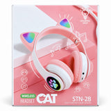 Casque sans fil enfant STN-28 rose à oreilles de chat lumineuses LED, dans sa boîte