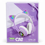 Casque sans fil enfant STN-28 violet à oreilles de chat lumineuses LED, dans sa boîte
