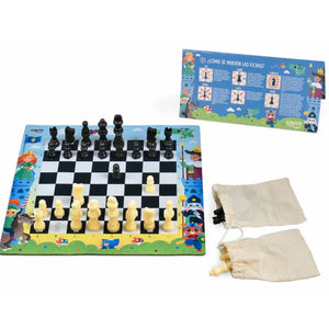 Jeu d'échecs enfant Cayro : plateau néoprène illustré, 32 pièces, 2 sacs de rangement et guide des déplacements