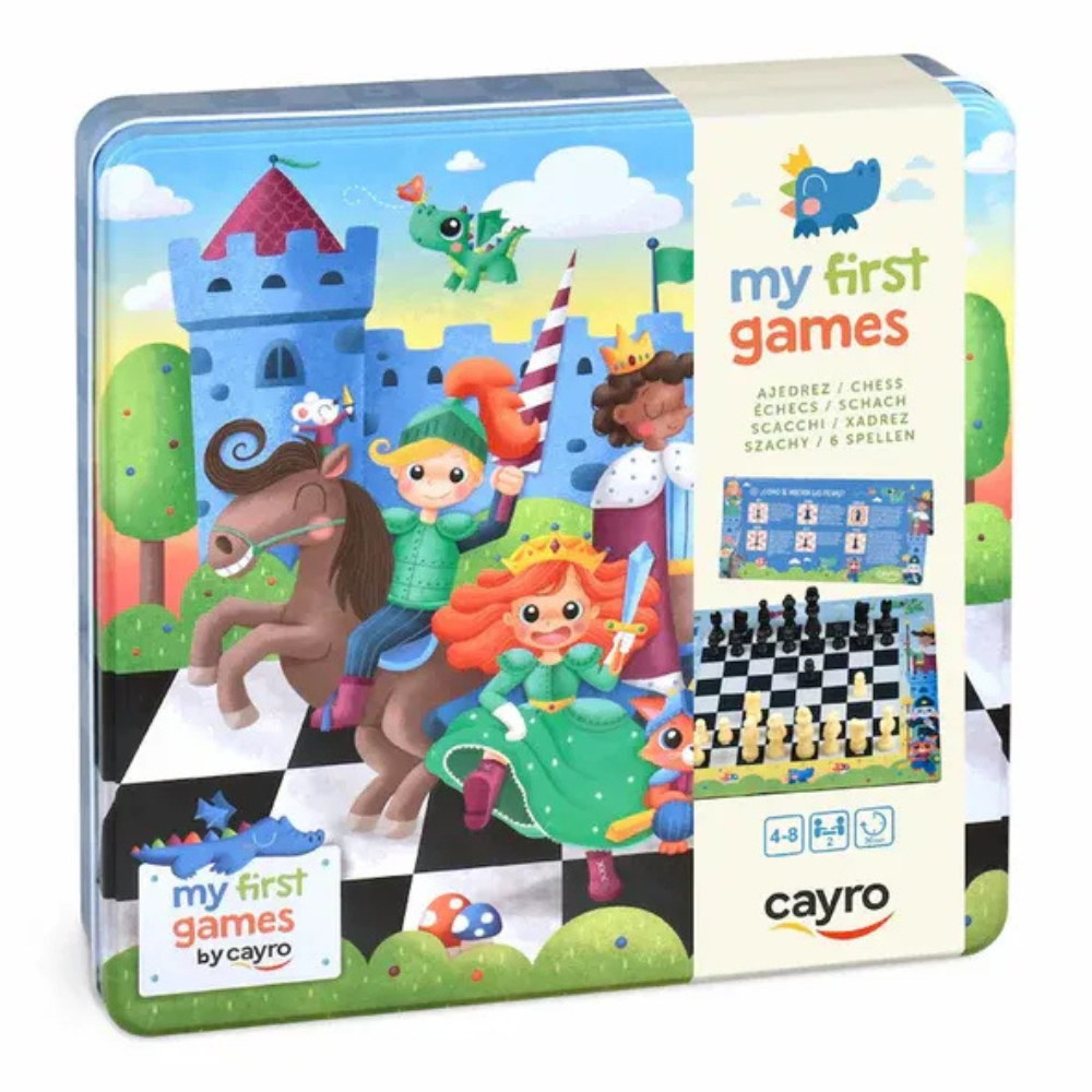 Boîte métal Cayro My First Games Échecs avec château, dragon et chevaliers, badge 4-8 ans
