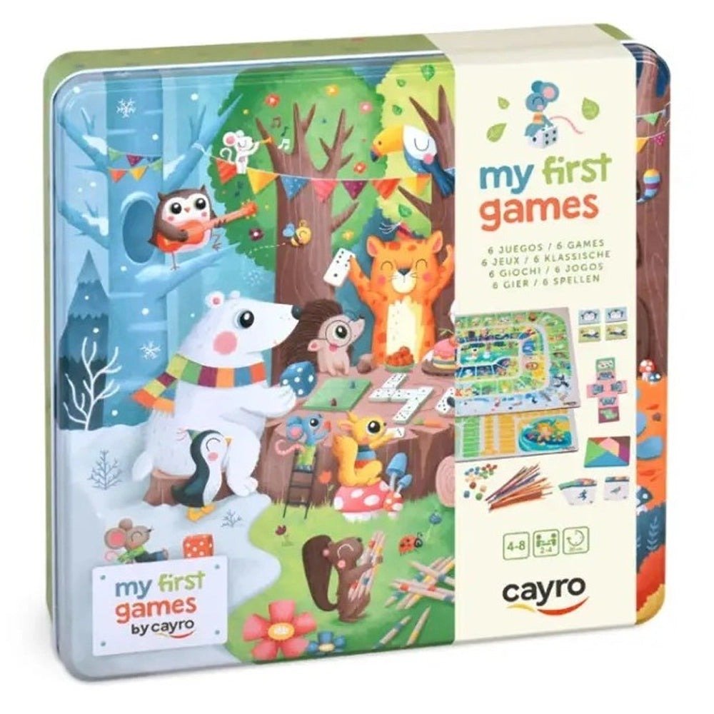 Boîte métal illustrée du coffret Cayro My First Games, 6 jeux dès 4 ans