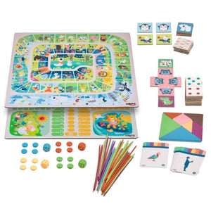 Contenu du coffret Cayro My First Games : plateau, dominos, memory, tangram, mikado, pions et dés