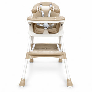 Chaise haute 3 en 1 beige, vue de face en position haute