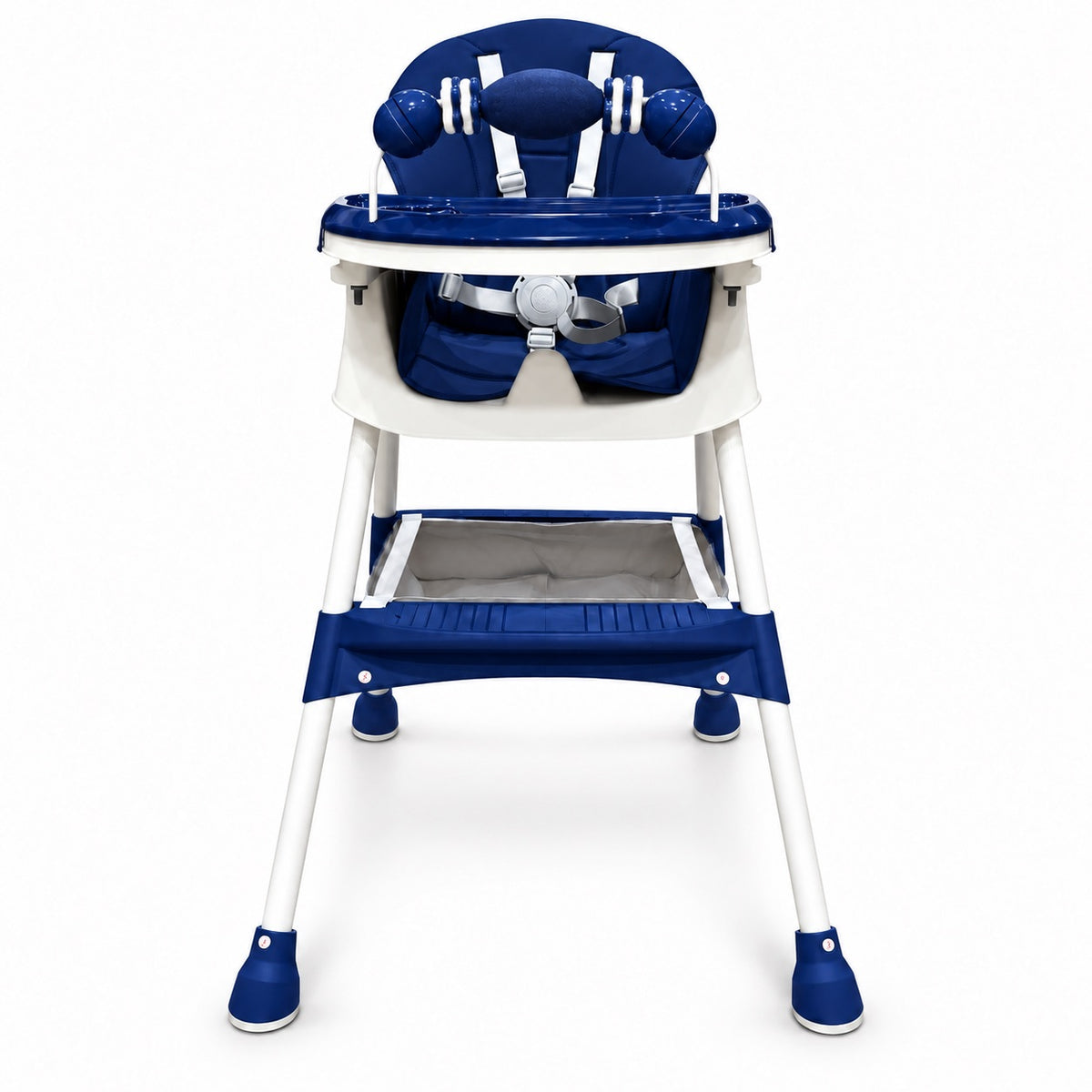 Chaise haute 3 en 1 bleu marine, vue de face en position haute