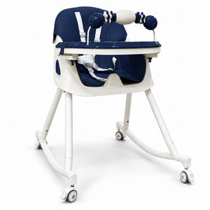 Chaise haute 3 en 1 bleu marine en position basse sur 4 roulettes
