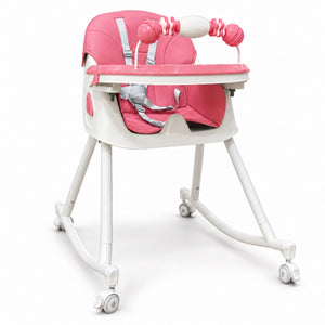 Chaise haute 3 en 1 rose en position basse sur 4 roulettes