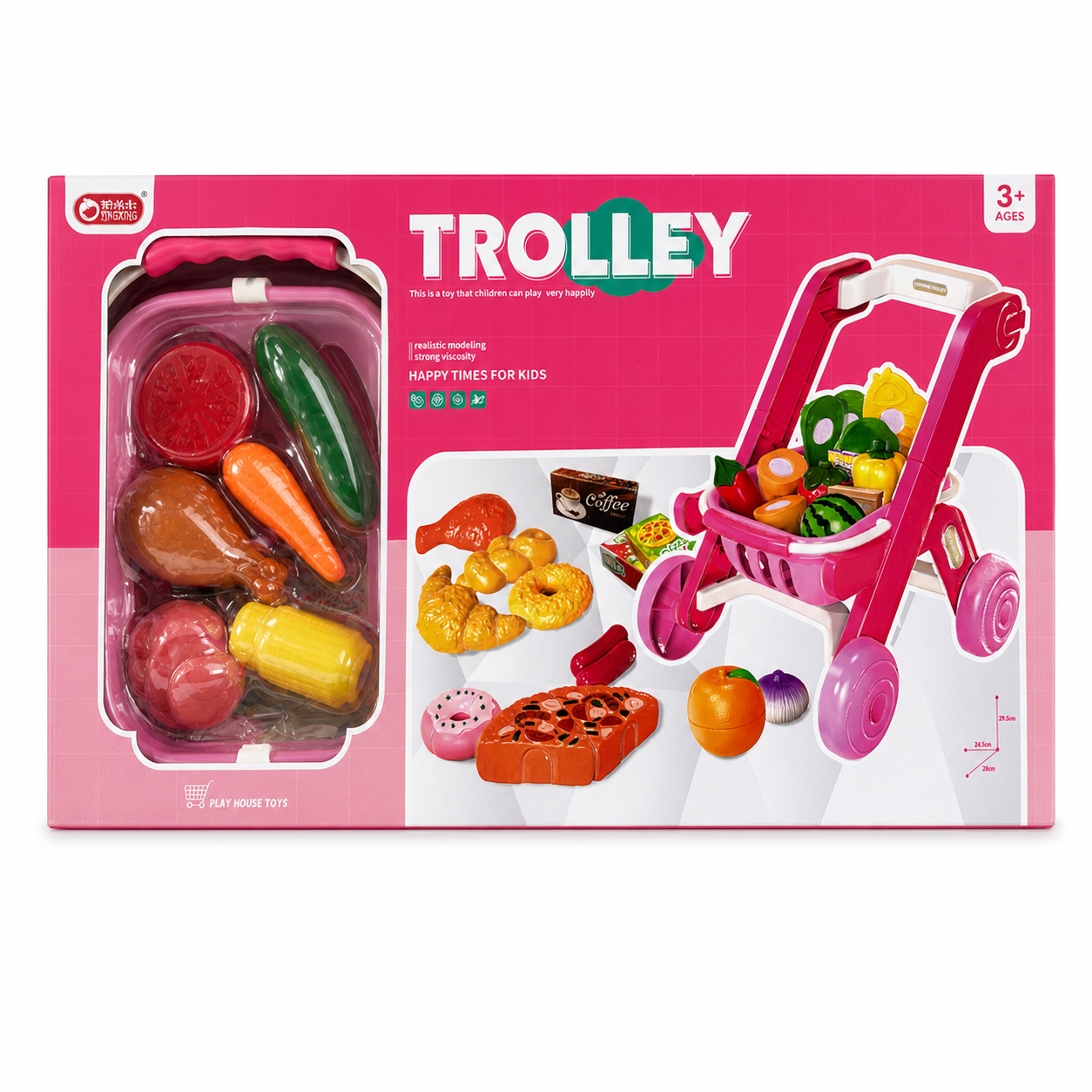 Chariot de courses rose pour enfant avec fruits, légumes et viennoiseries à découper, dès 3 ans
