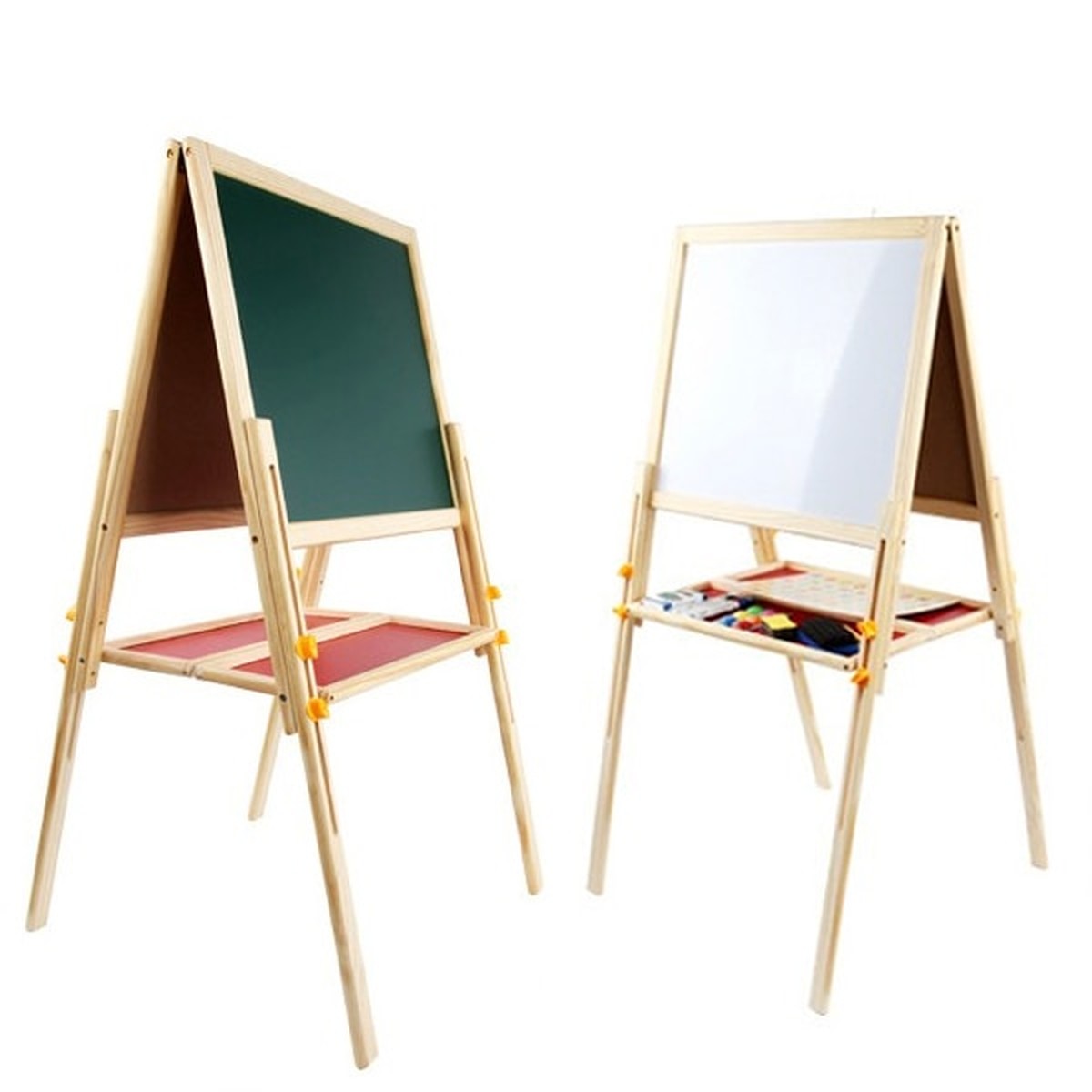 Chevalet en bois double face : ardoise noire d'un côté, tableau blanc magnétique de l'autre