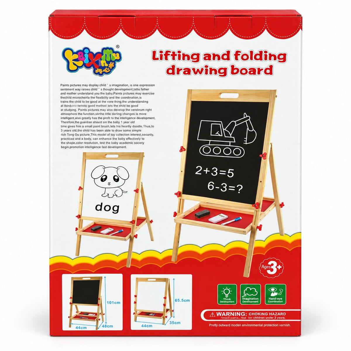 Boîte du chevalet Kaixinmu avec dimensions 101 cm et 65,5 cm de hauteur réglable, dès 3 ans