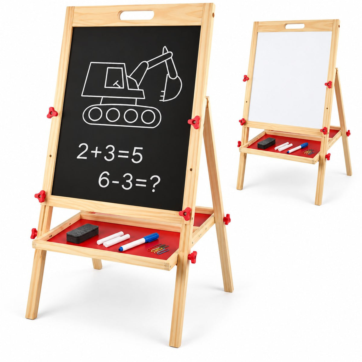 Chevalet en bois double face pour enfant : tableau noir à craie et tableau blanc à feutre, avec tablette rouge