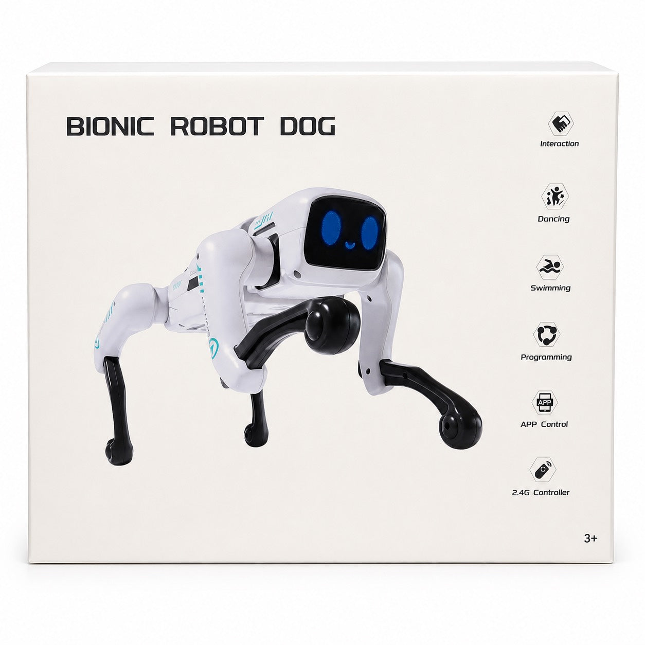Chien robot bionique blanc Bionic Robot Dog aux yeux LED bleus et pattes articulées, dans sa boîte