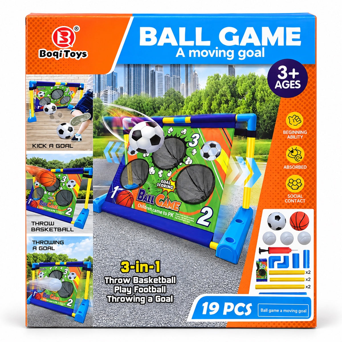 Boîte Boqi Toys Ball Game A Moving Goal 3 en 1, 19 pièces, dès 3 ans