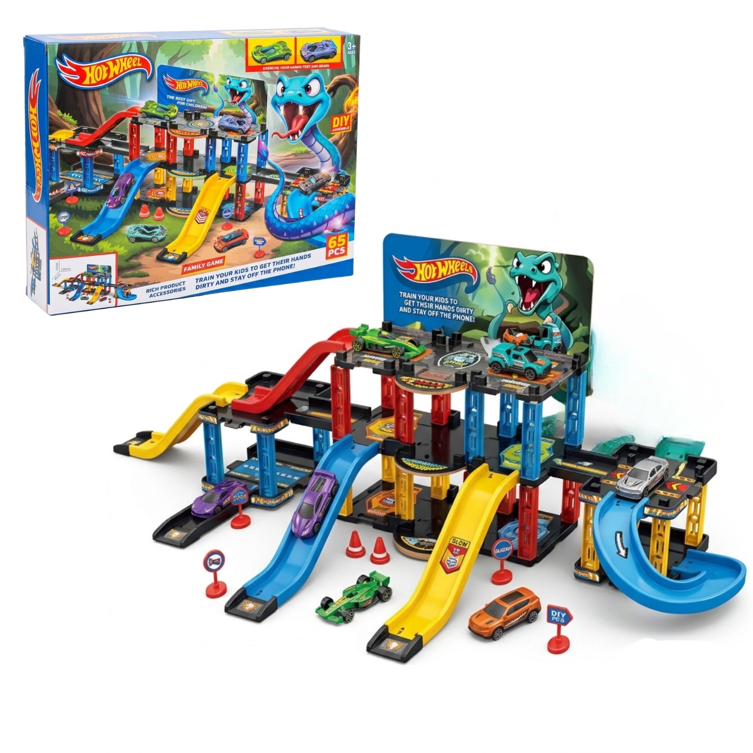 Boîte et contenu du circuit parking Serpent 65 pièces à assembler, dès 3 ans