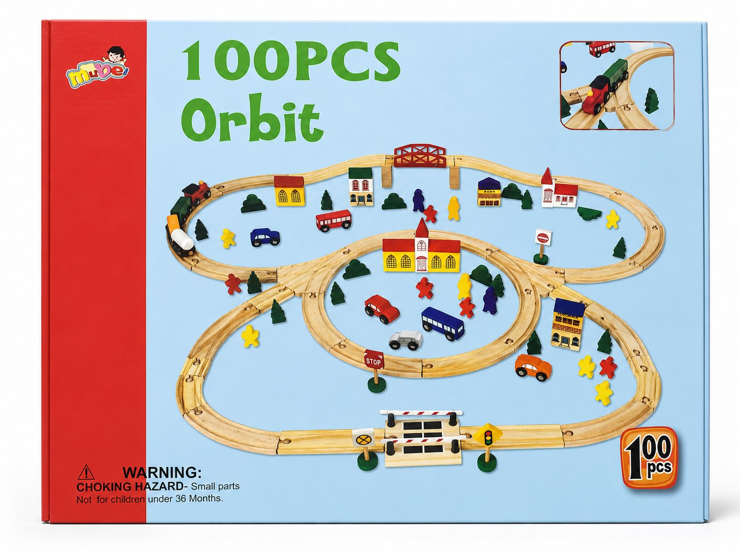 Circuit de train en bois 100 pièces avec rails, pont, gare, véhicules et village