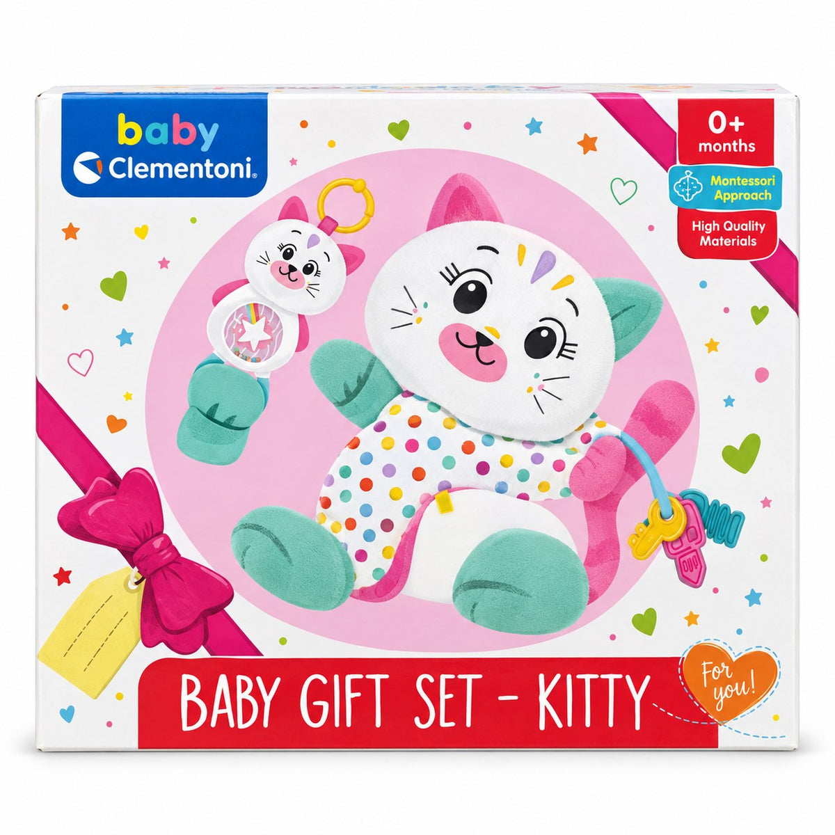 Boîte du coffret cadeau Baby Clementoni Kitty avec doudou chaton, hochet et clés de dentition, dès 0 mois