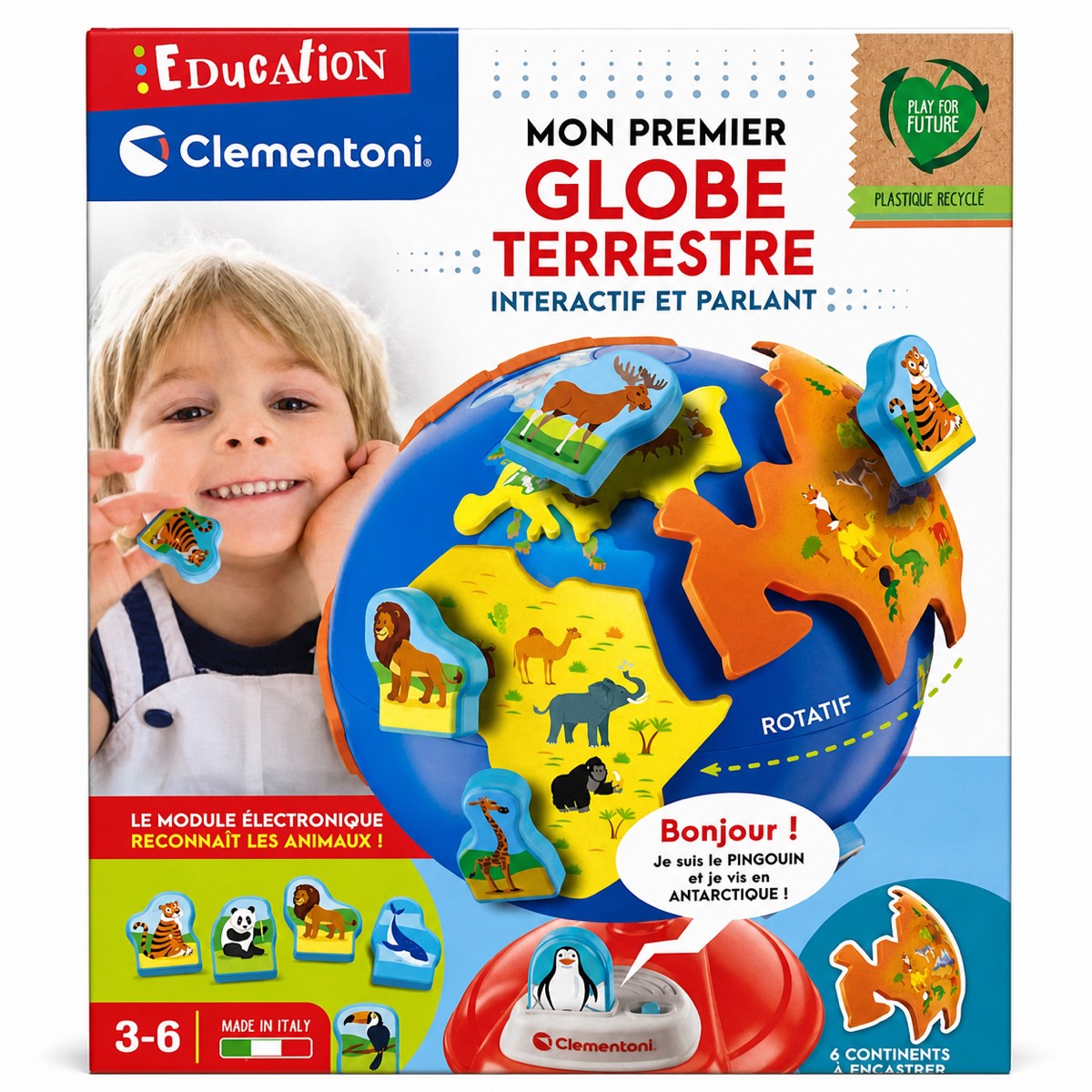 Boîte Clementoni Mon Premier Globe Terrestre interactif et parlant — globe rotatif, 6 continents à encastrer et figurines d'animaux