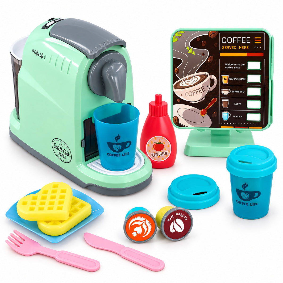 Accessoires du set : gobelets Coffee Life, capsules, gaufres, assiette, couverts et flacon de sauce