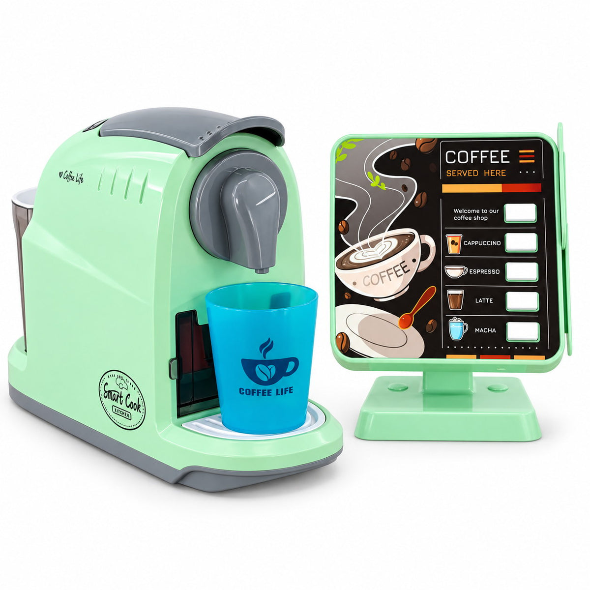 La machine à café et son présentoir menu côte à côte, prêts pour le service