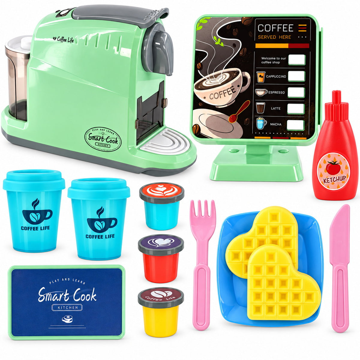 Set Our Coffee Shop complet : machine à café vert menthe, présentoir menu, gobelets, capsules, gaufres et couverts