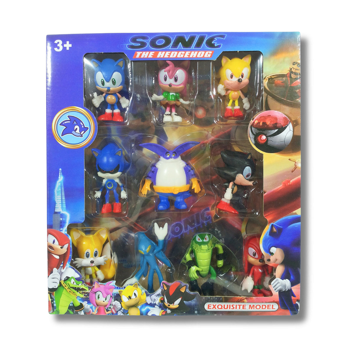 Coffret de 10 figurines Sonic the Hedgehog dans sa boîte vitrine — Sonic, Amy, Tails, Knuckles, Shadow et autres