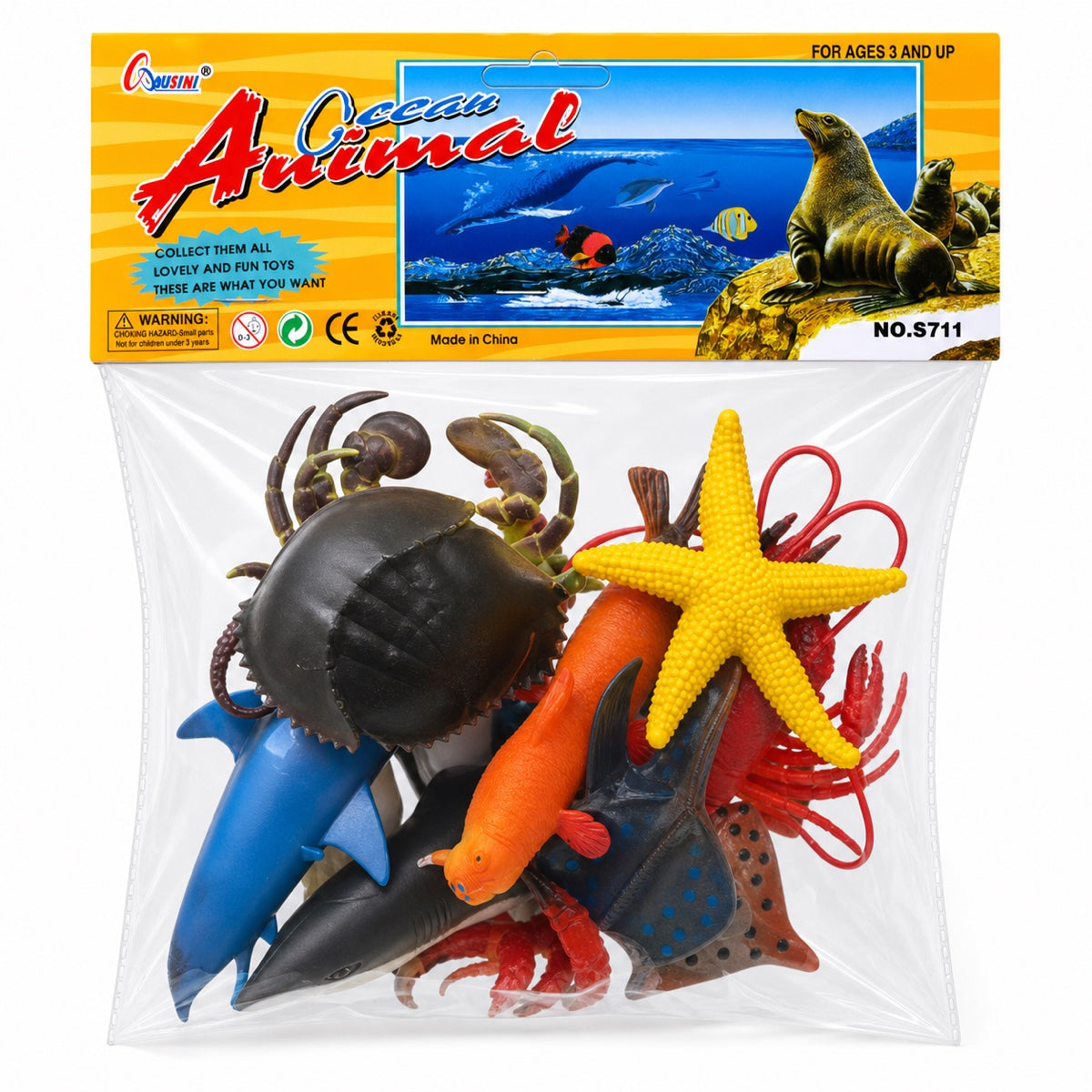 Sachet Ocean Animal de figurines d'animaux marins : requin, dauphin, raie, étoile de mer, homard et crabes, dès 3 ans