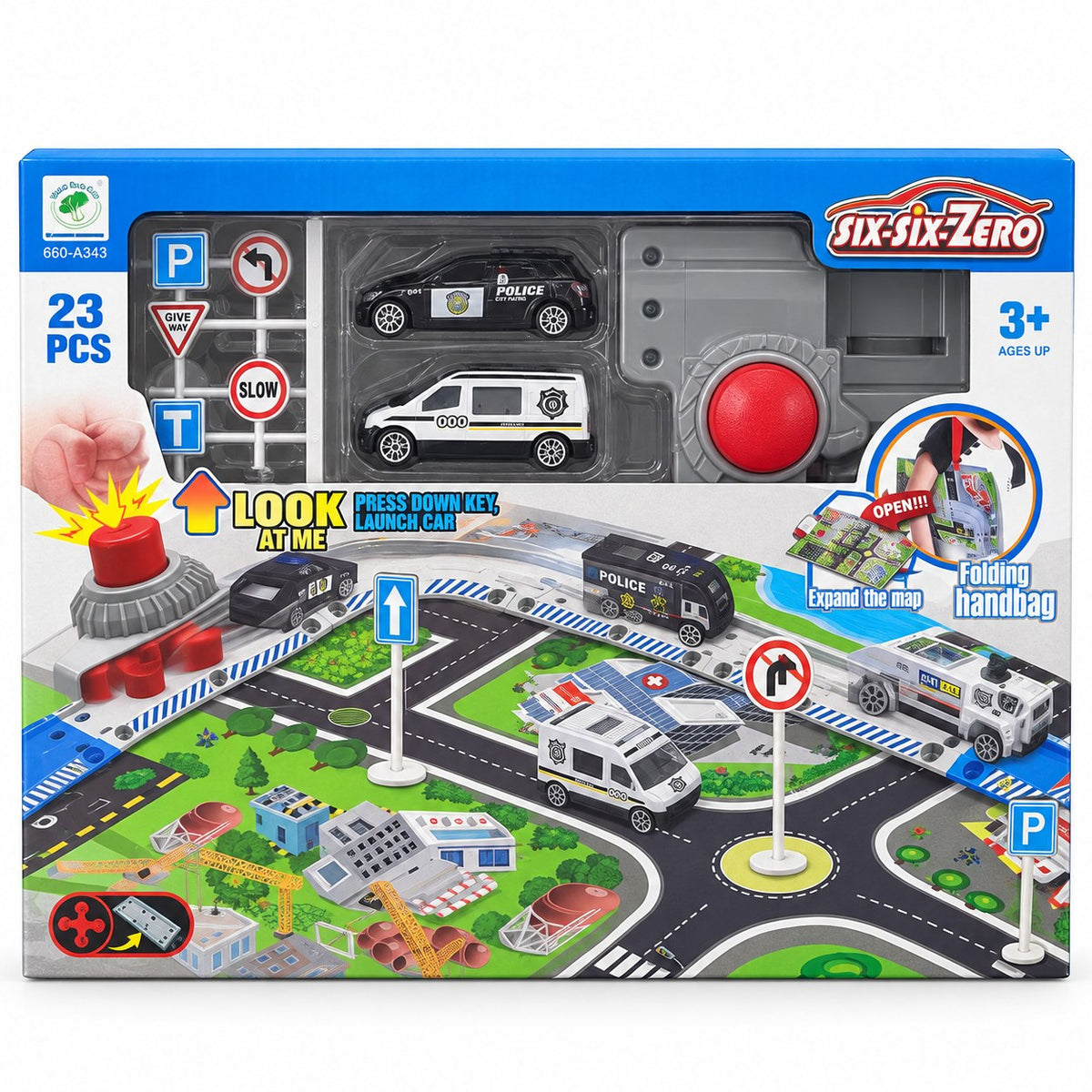 Coffret police 23 pièces : tapis de jeu ville pliable en sac, lanceur de voitures, SUV et fourgon de police et panneaux de signalisation