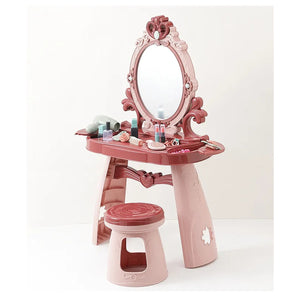 Coiffeuse enfant rosée avec tabouret, miroir ovale et accessoires de beauté