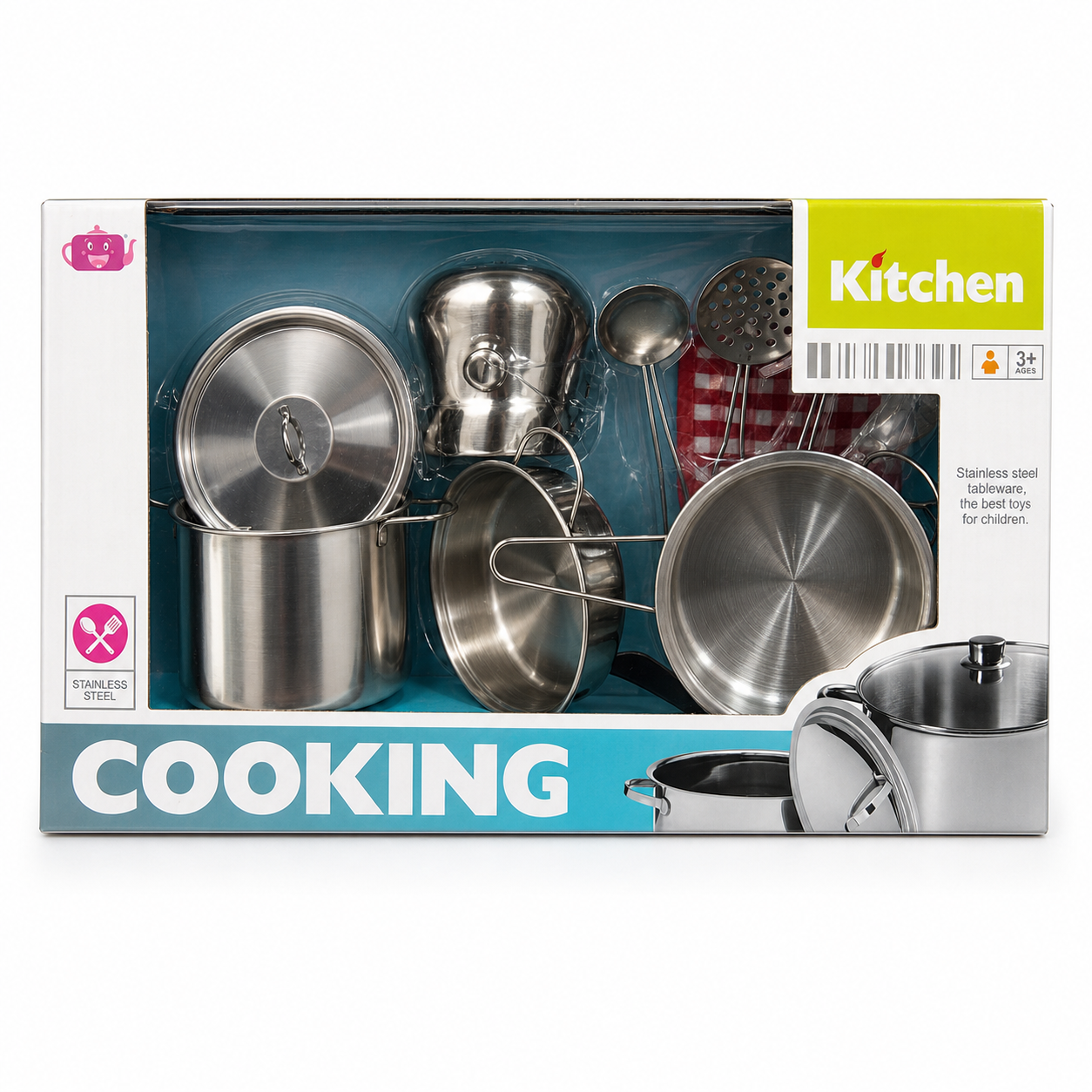Coffret cuisine COOKING en acier inoxydable pour enfants : casseroles, poêle, louche, écumoire, dès 3 ans