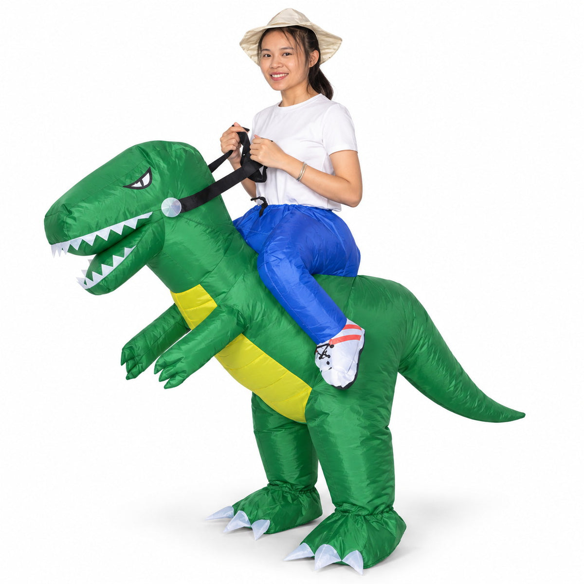 Costume gonflable dinosaure à chevaucher porté, illusion d'une personne assise sur un T-Rex vert