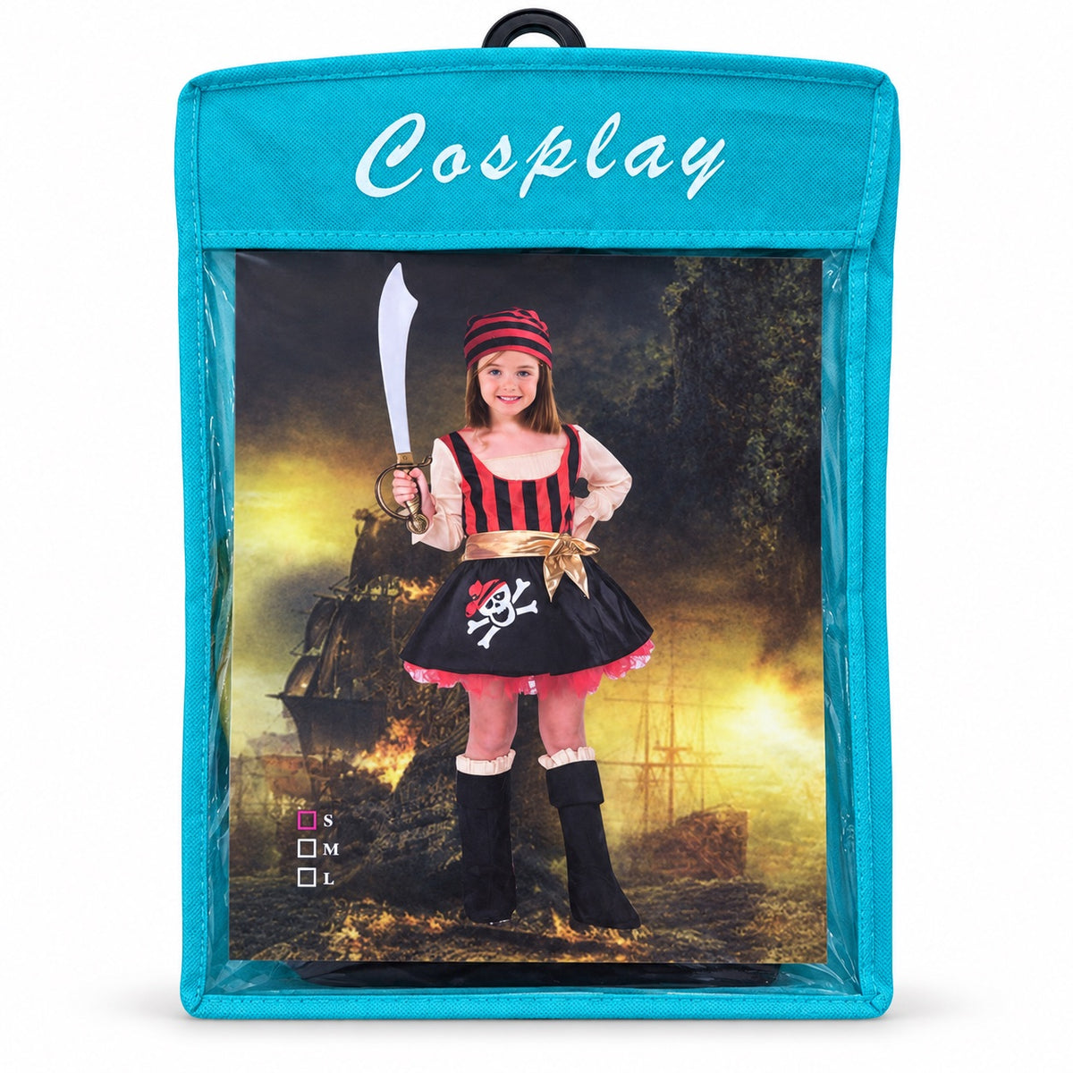 Déguisement de pirate pour fille : robe rayée rouge et noir à tête de mort, bandana, ceinture dorée et couvre-bottes
