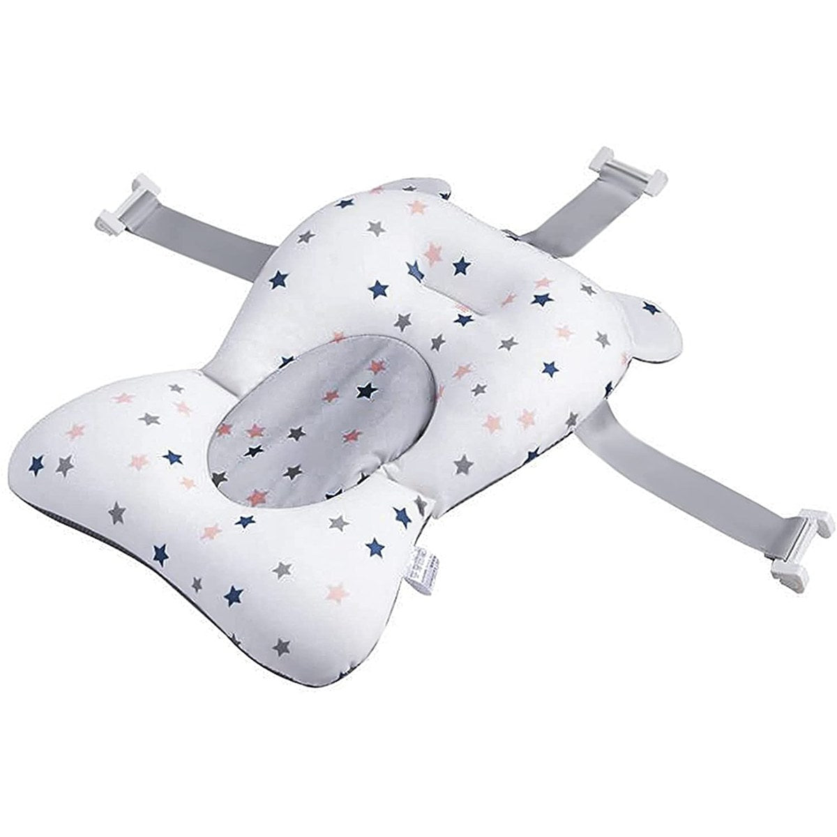 Coussin de bain bébé vu de trois quarts avec ses 4 sangles réglables à clip