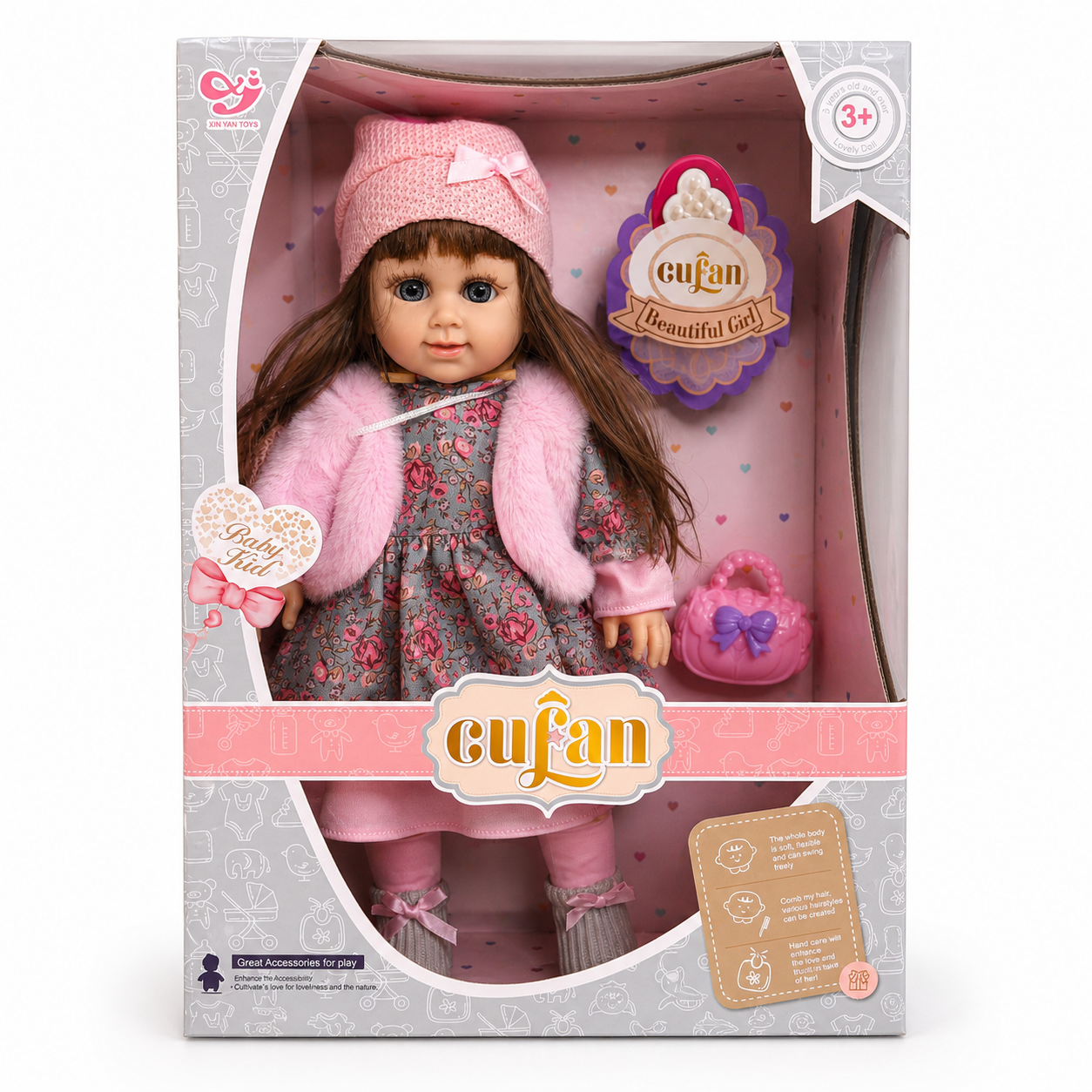 Coffret CUFAN Beautiful Girl : poupée avec bonnet, robe fleurie, boléro rose et sac à main, dès 3 ans