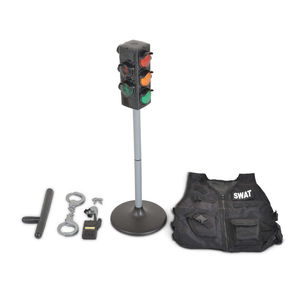 Contenu du coffret CXL : feu tricolore sur pied, gilet, matraque, menottes avec clés et talkie-walkie