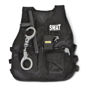 Détail du gilet et de ses accessoires : matraque, menottes, clés, talkie-walkie et sifflet