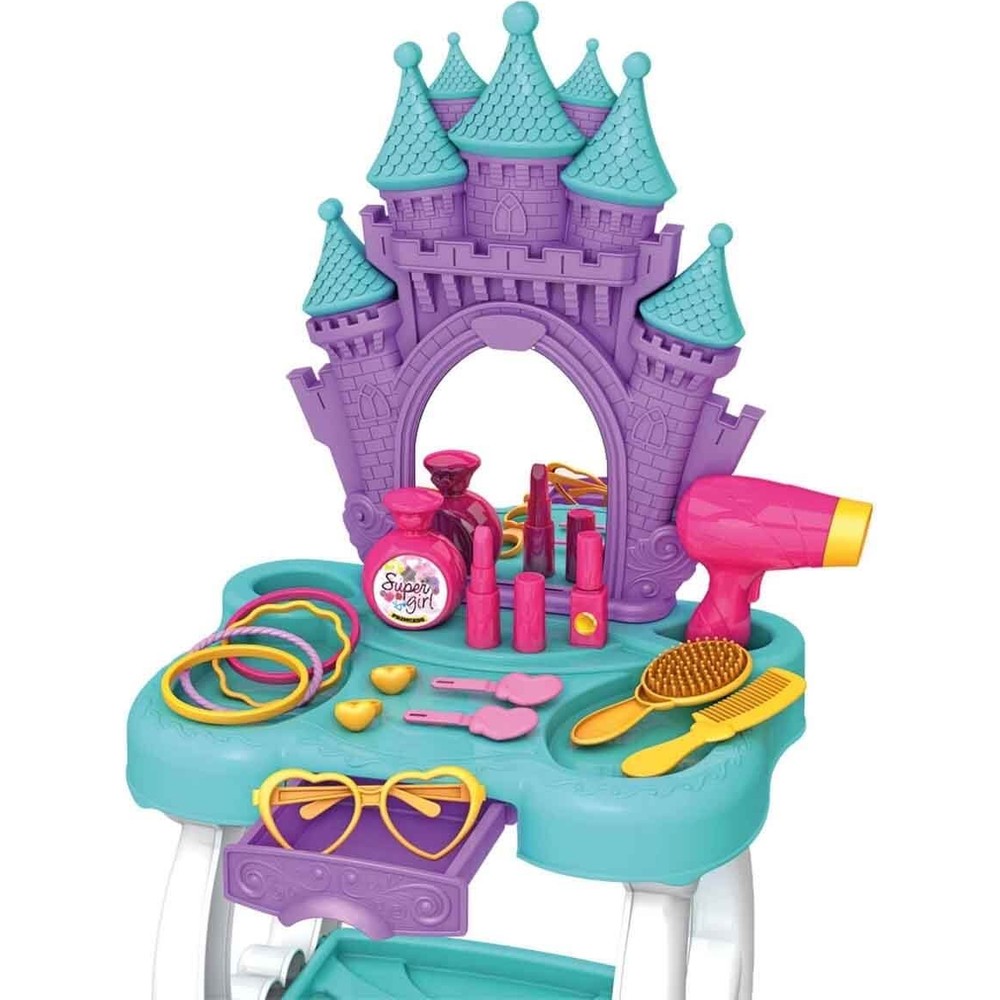 Coiffeuse Frozen montée : miroir château à tourelles, plateau turquoise, tiroir et étagère