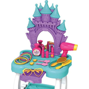 Coiffeuse Frozen montée : miroir château à tourelles, plateau turquoise, tiroir et étagère