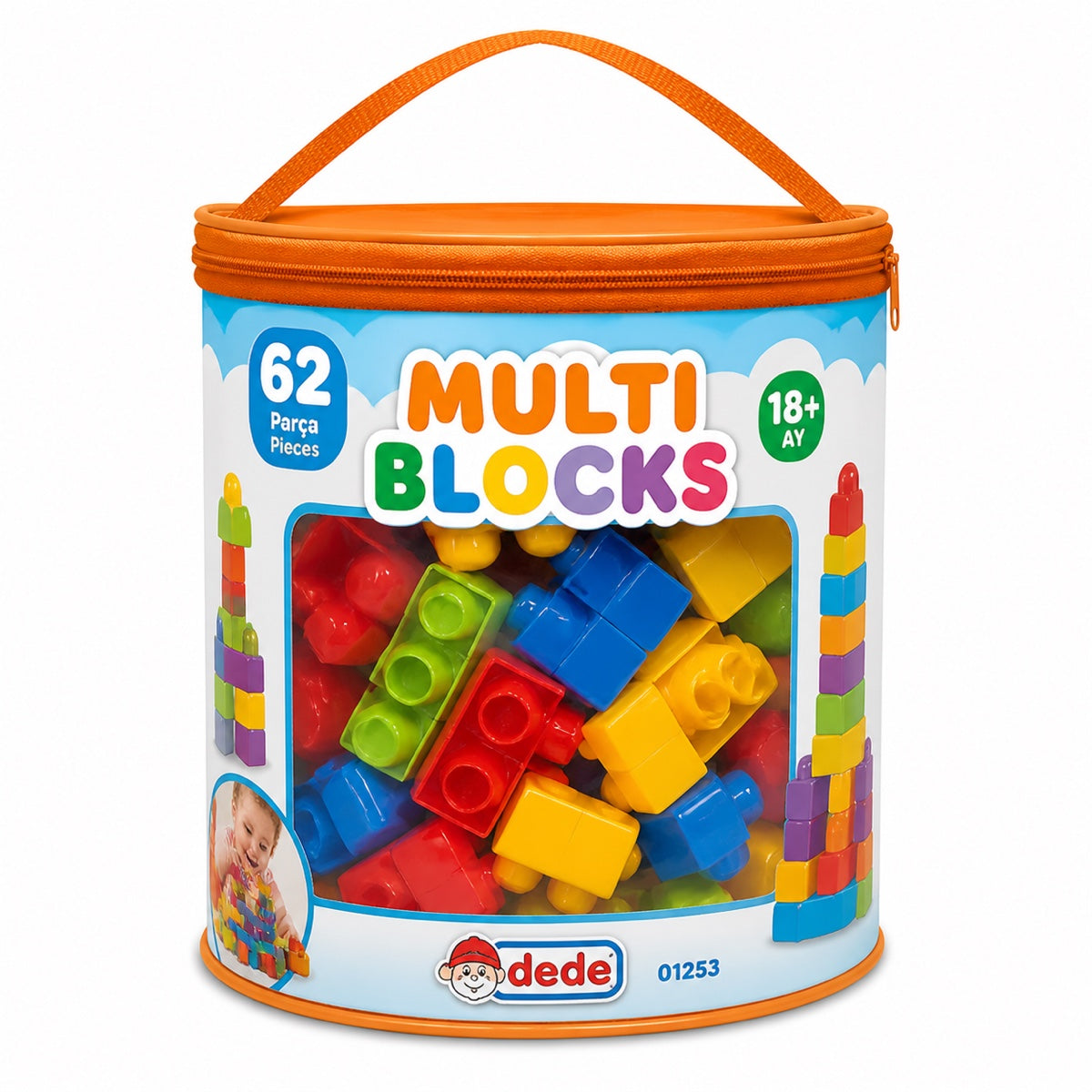 Sac zippé Dede Multi Blocks contenant 62 grosses briques de construction colorées, dès 18 mois
