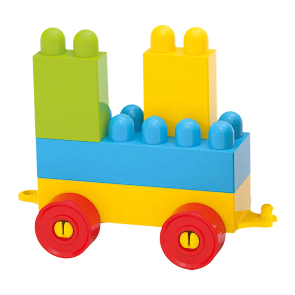 Train en briques Dede Multi Blocks bleu, jaune et vert sur roues