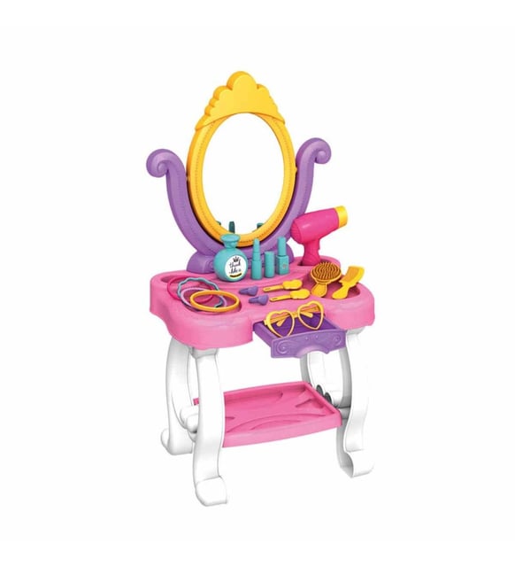 Coiffeuse Princess Beauty Table montée : miroir ovale, tiroir, étagère et accessoires de beauté