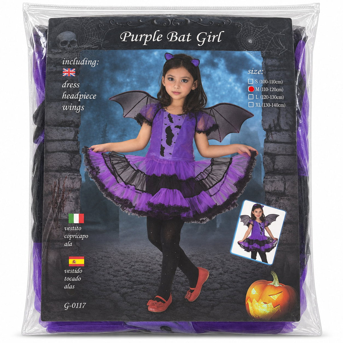 Emballage du déguisement chauve-souris violet : robe tutu à volants, ailes et serre-tête à oreilles, tailles S à XL