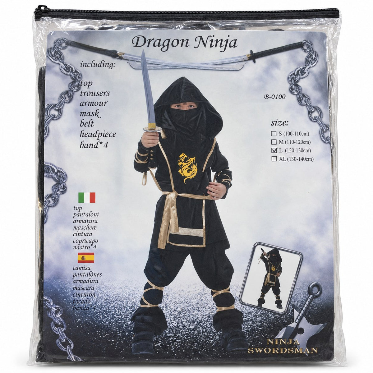 Déguisement Dragon Ninja noir et or dans sa pochette zippée : tunique au dragon doré, armure, capuche, masque, ceinture et 4 bandes, tailles S à XL