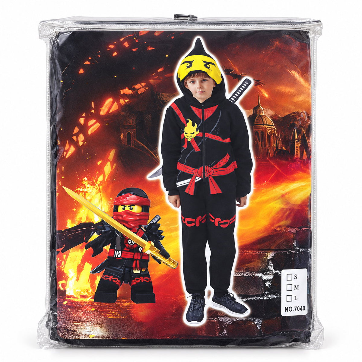 Déguisement ninja enfant noir et rouge dans sa housse zippée : veste à capuche avec masque intégré et pantalon assorti, tailles S M L