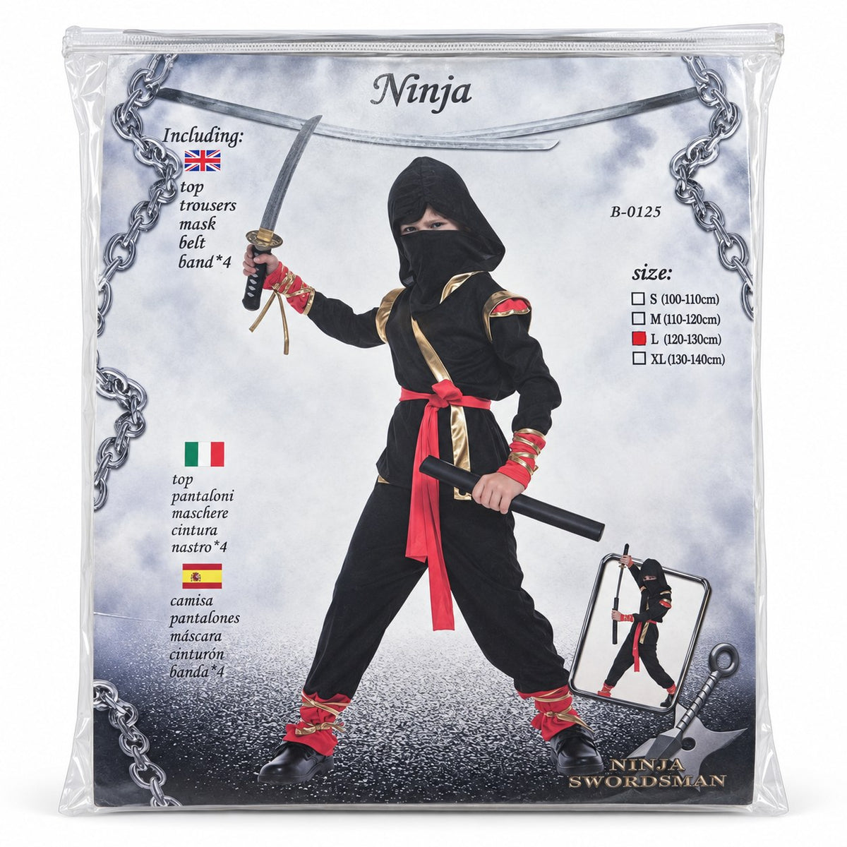 Déguisement Ninja Swordsman noir, rouge et or dans sa pochette zippée : tunique, pantalon, masque à capuche, ceinture et 4 bandes, tailles S à XL