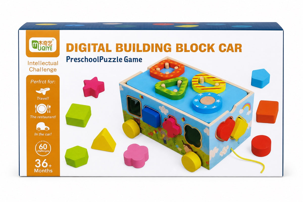 Boîte MUQIYE Digital Building Block Car : voiture en bois trieuse de formes avec chiffres à encastrer et blocs colorés, dès 3 ans