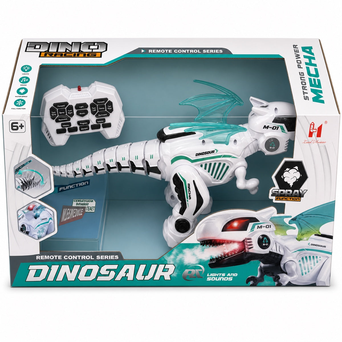 Dinosaure robot radiocommandé Dino Racing Strong Power Mecha blanc et turquoise avec ailes translucides et télécommande, dans sa boîte, dès 6 ans