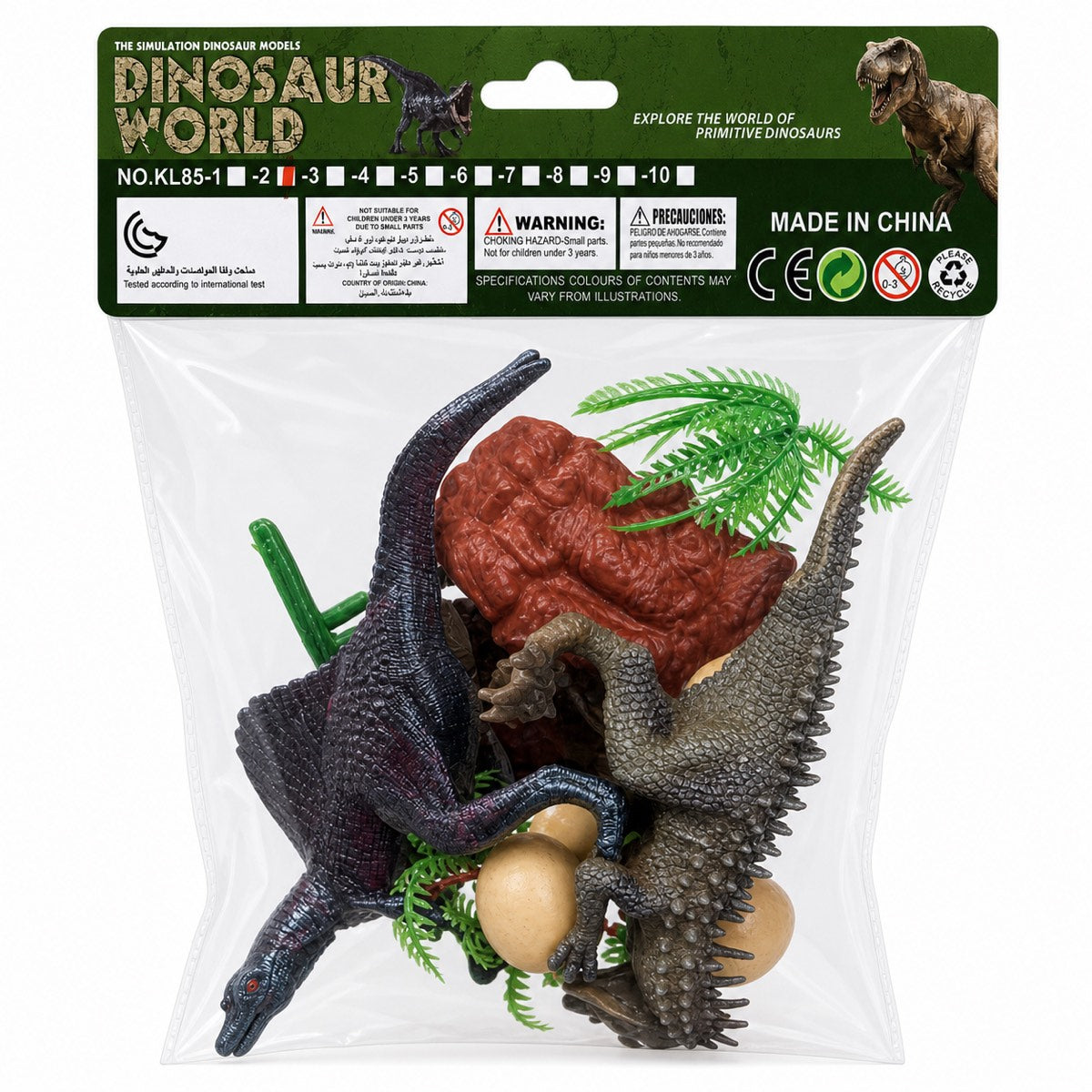 Coffret Dinosaur World — sachet avec 2 grands dinosaures, rocher, fougères et œufs pour reconstituer une scène préhistorique