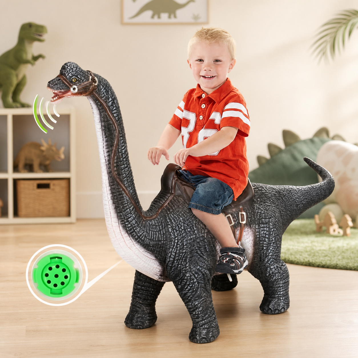 Dinosaure Brachiosaure à long cou à chevaucher, sonore — enfant assis sur la selle