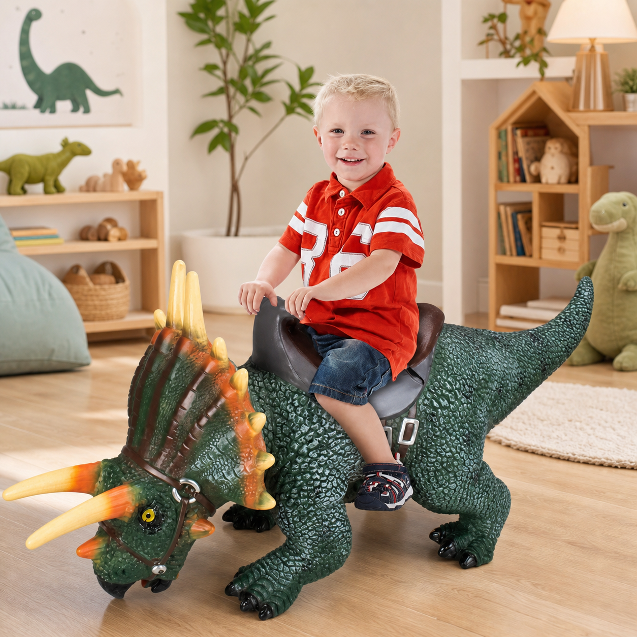 Dinosaure Triceratops à chevaucher à roues — enfant assis sur la selle