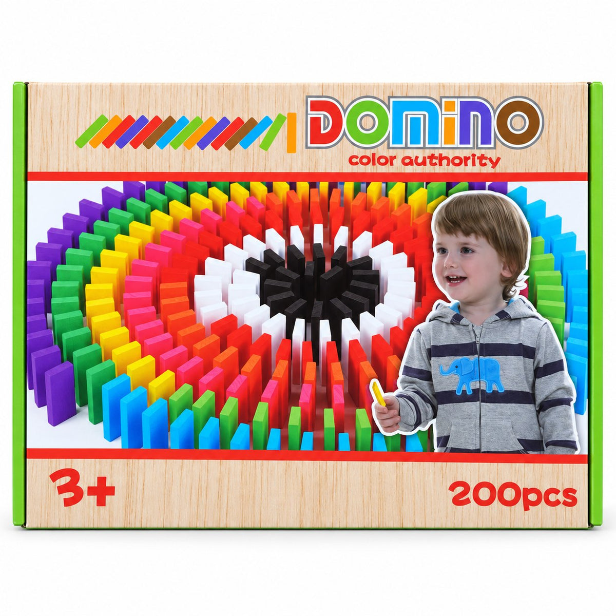 Boîte du jeu de 200 dominos en bois colorés, dès 3 ans
